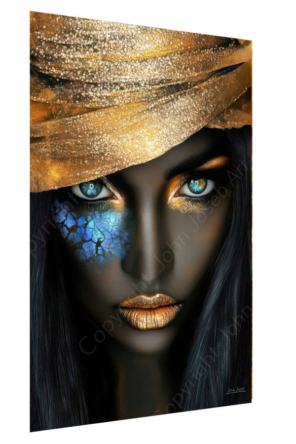 1207 - Schilderij donkere vrouw, ogen blauw, lippen goud, abstract, artistiek