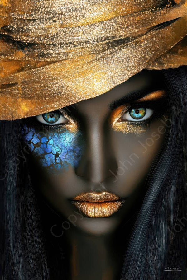 1207 - Schilderij donkere vrouw, ogen blauw, lippen goud, abstract, artistiek