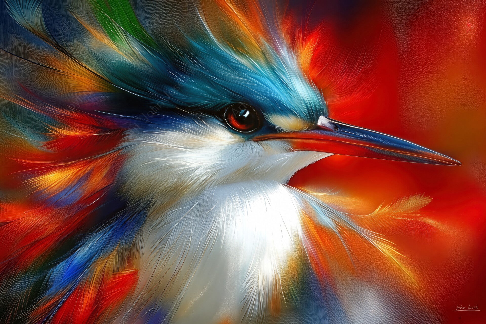 1213 - Schilderij vogel met spitse snavel, abstract, kleurrijk, felle kleuren, kunst