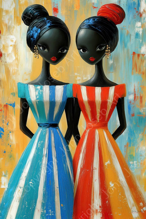 1219 - Schilderij grappige donkere vrouwen met kleurrijke jurk, figuratief abstract