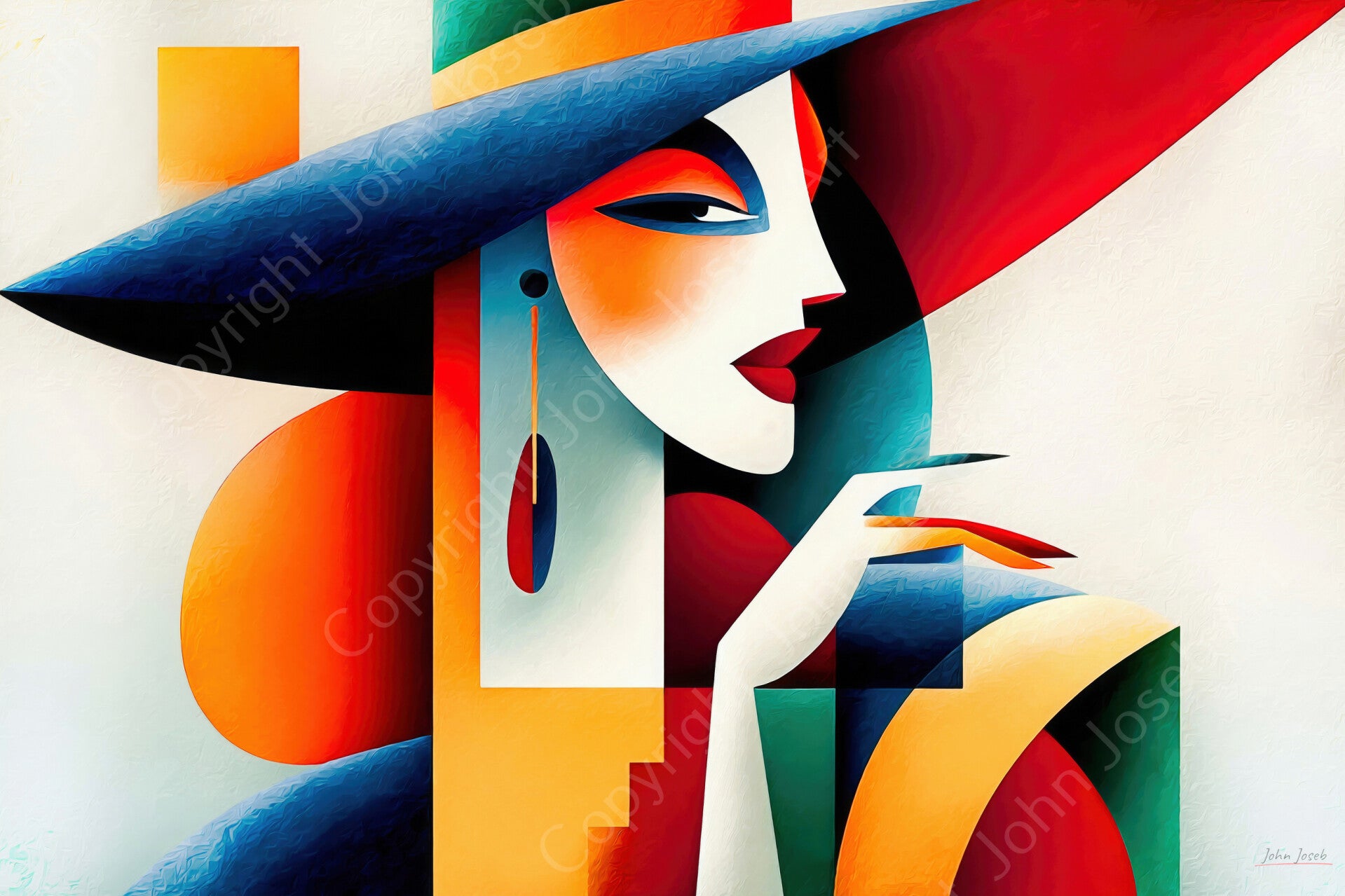 1237 - Schilderij vrouw met hoed, Picasso / Salvador Dali stijl, kleurrijk