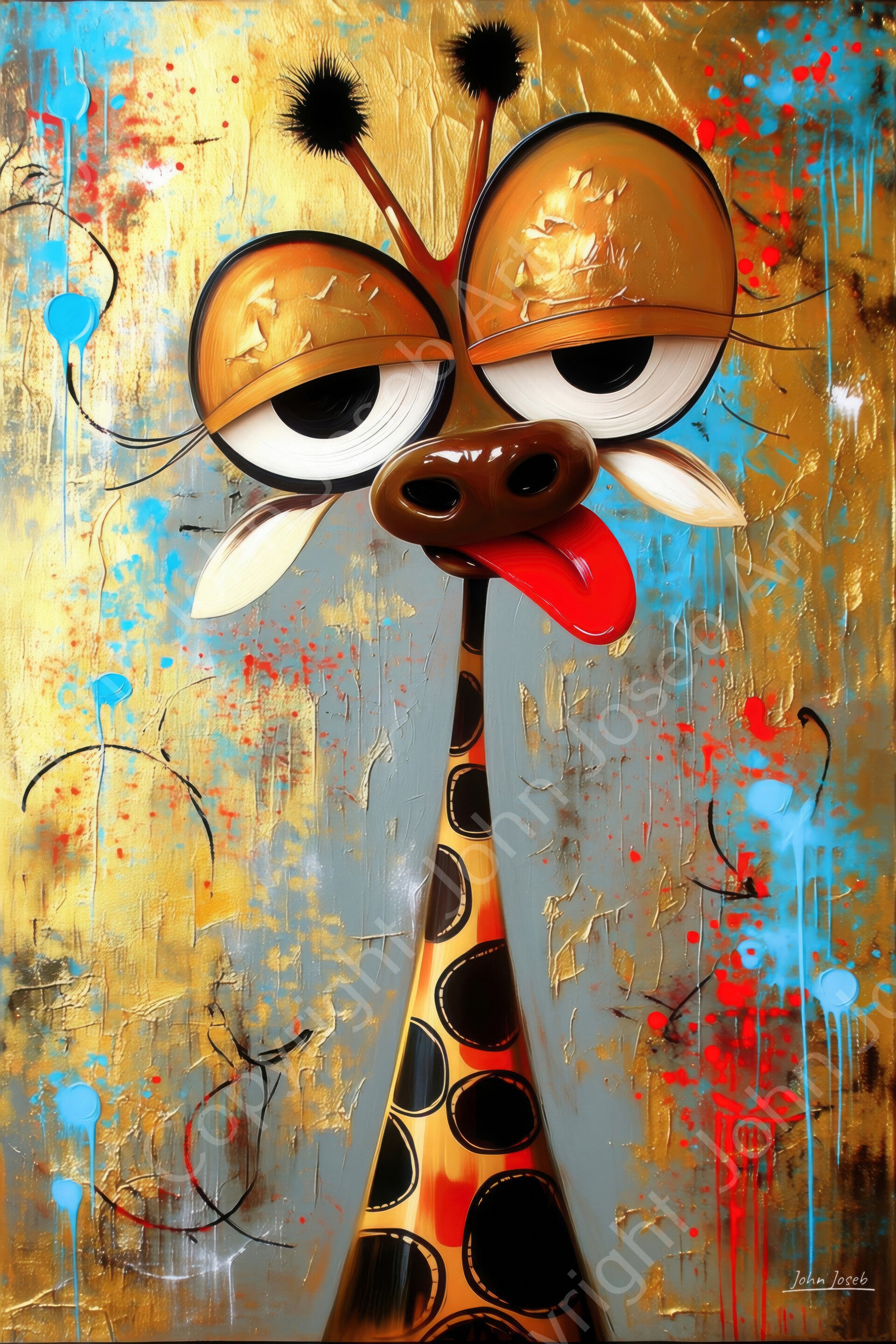 1245 - Schilderij gekke grappige giraffe, abstract surrealisme, humor, kunst