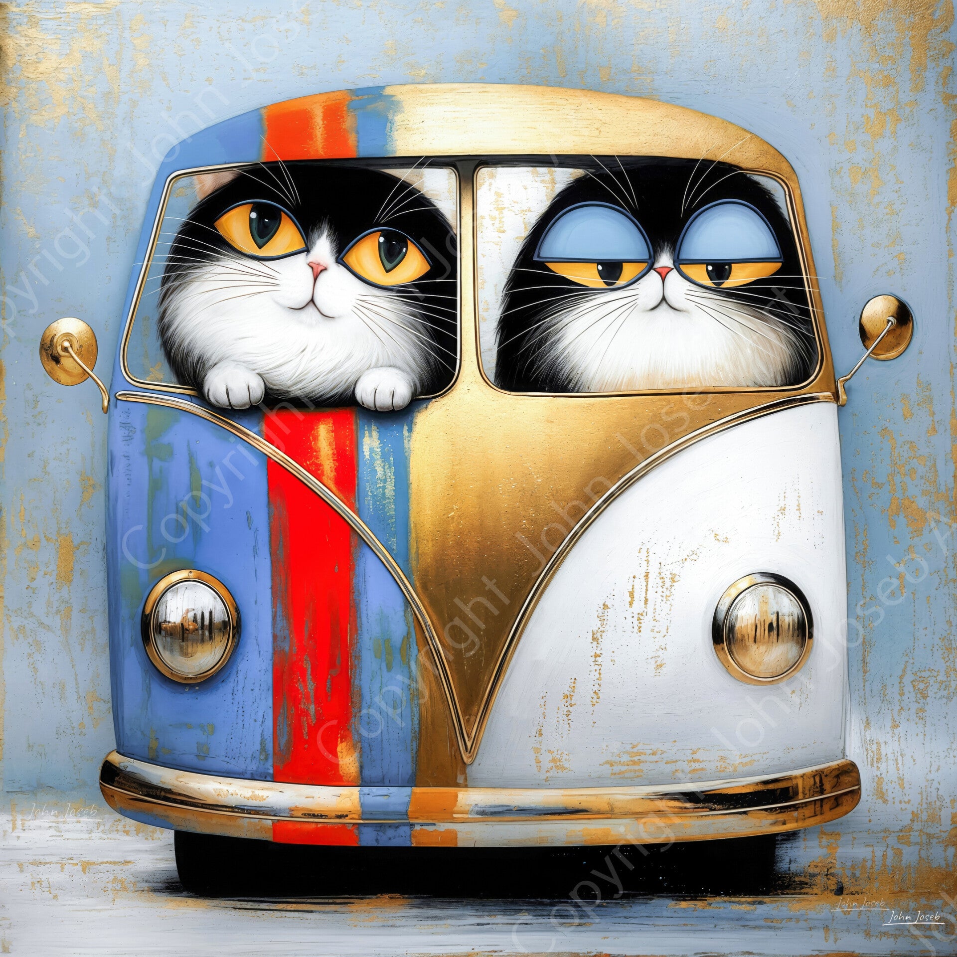 1246 - Schilderij gekke grappige poezen in klassieke auto bus, humor