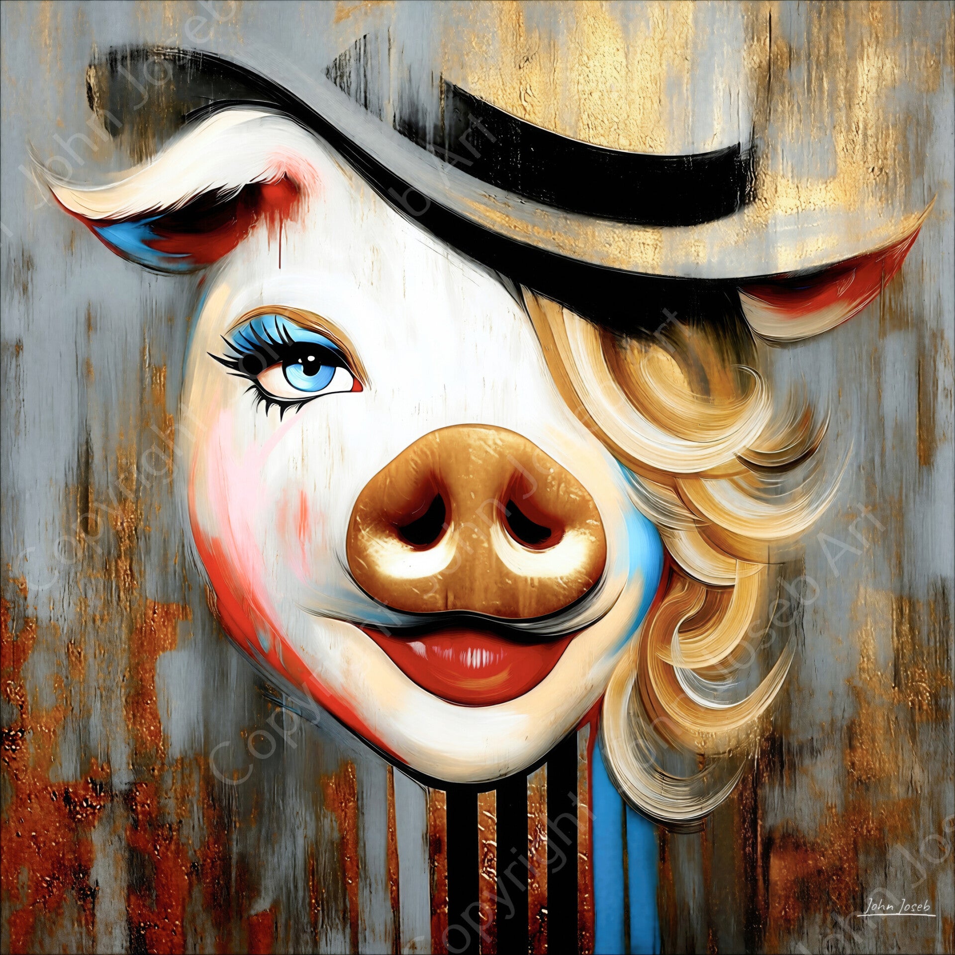 1247 - Schilderij gek grappig varken als vrouw, hoed, make up, humor, kunst