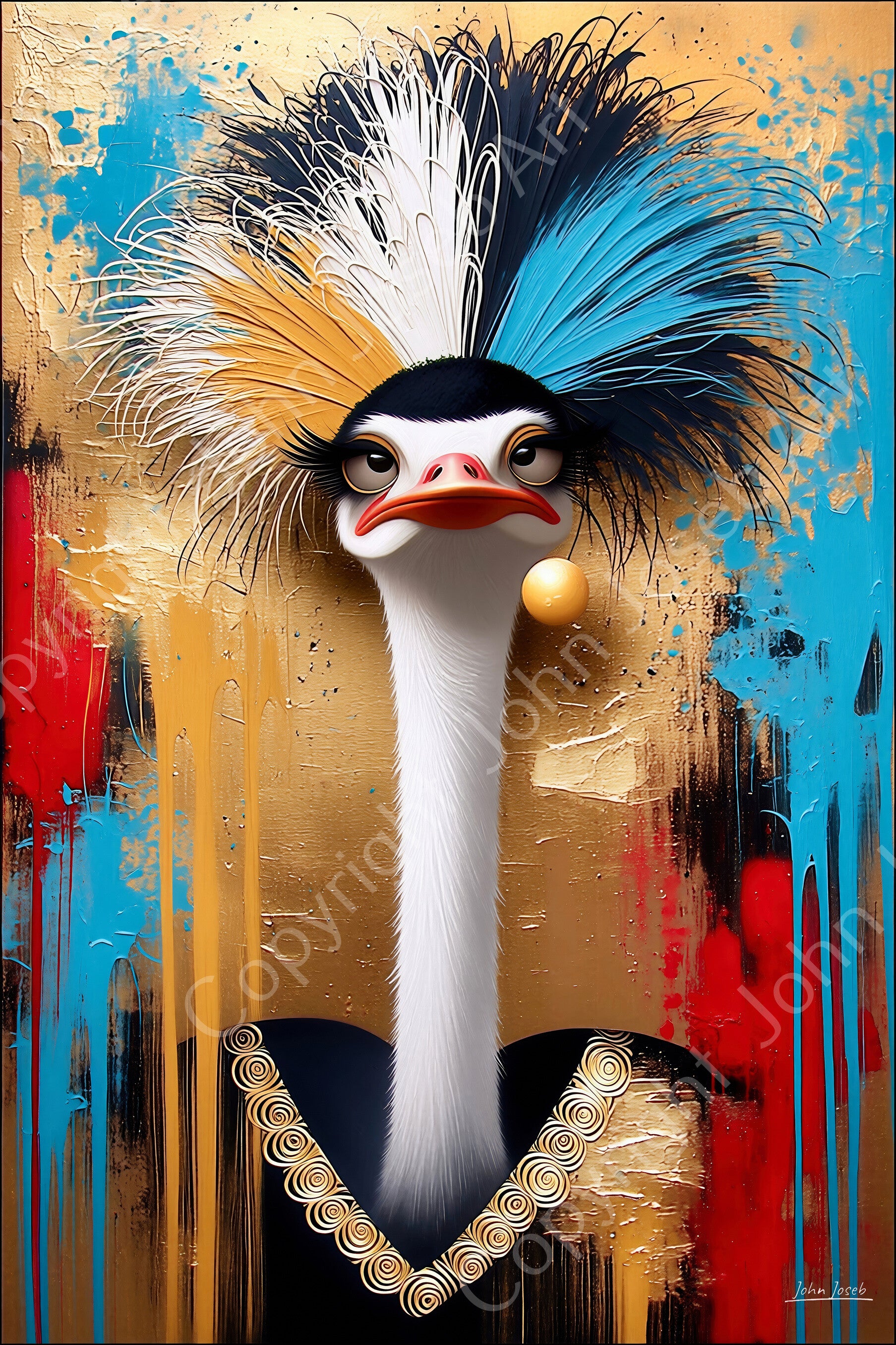 1248 - Schilderij hertogin struisvogel in jurk, surrealisme, vogel, dier, humor