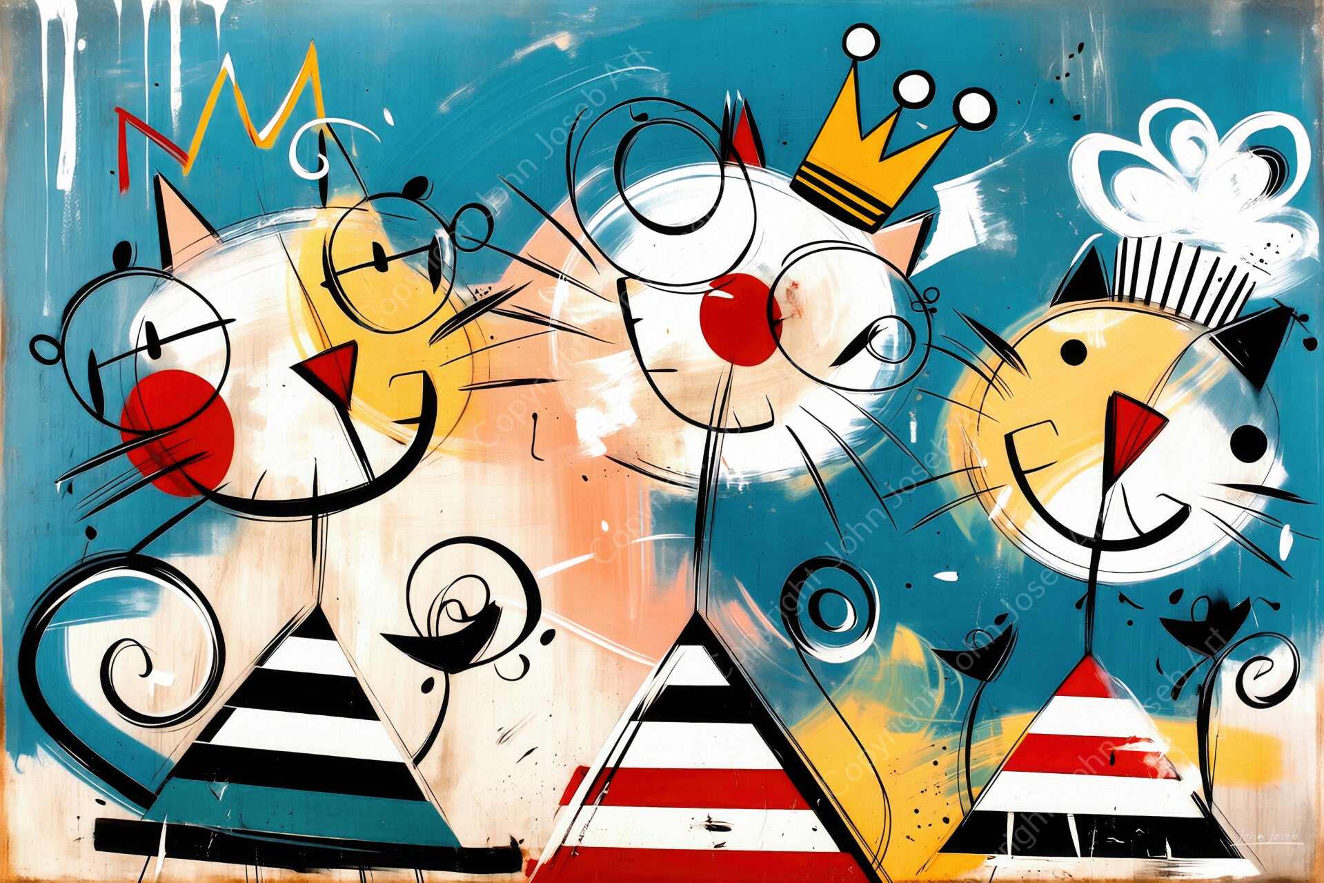 1251 - Schilderij grappige koning en koningin poezen, abstract in Herman Brood stijl