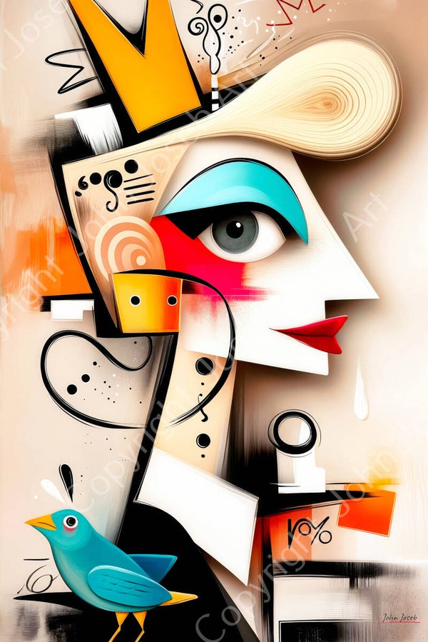 1252 - Schilderij De koningin, vrouw met vogel, abstract Herman Brood, Picasso stijl