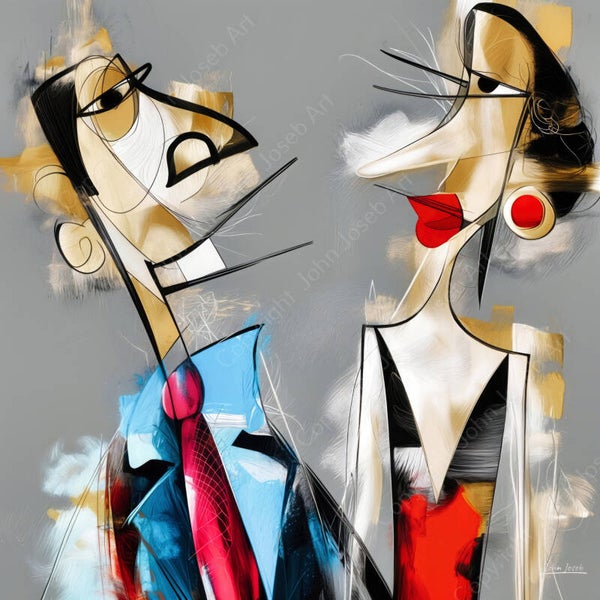 1262 - Schilderij man met stropdas en vrouw met jurk, abstract surrealisme