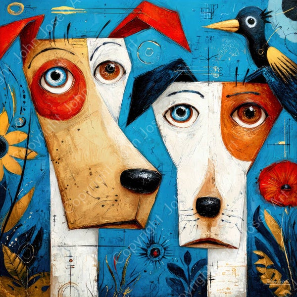 1265 - Schilderij honden en vogel, geschilderde stijl, grappig, kunst