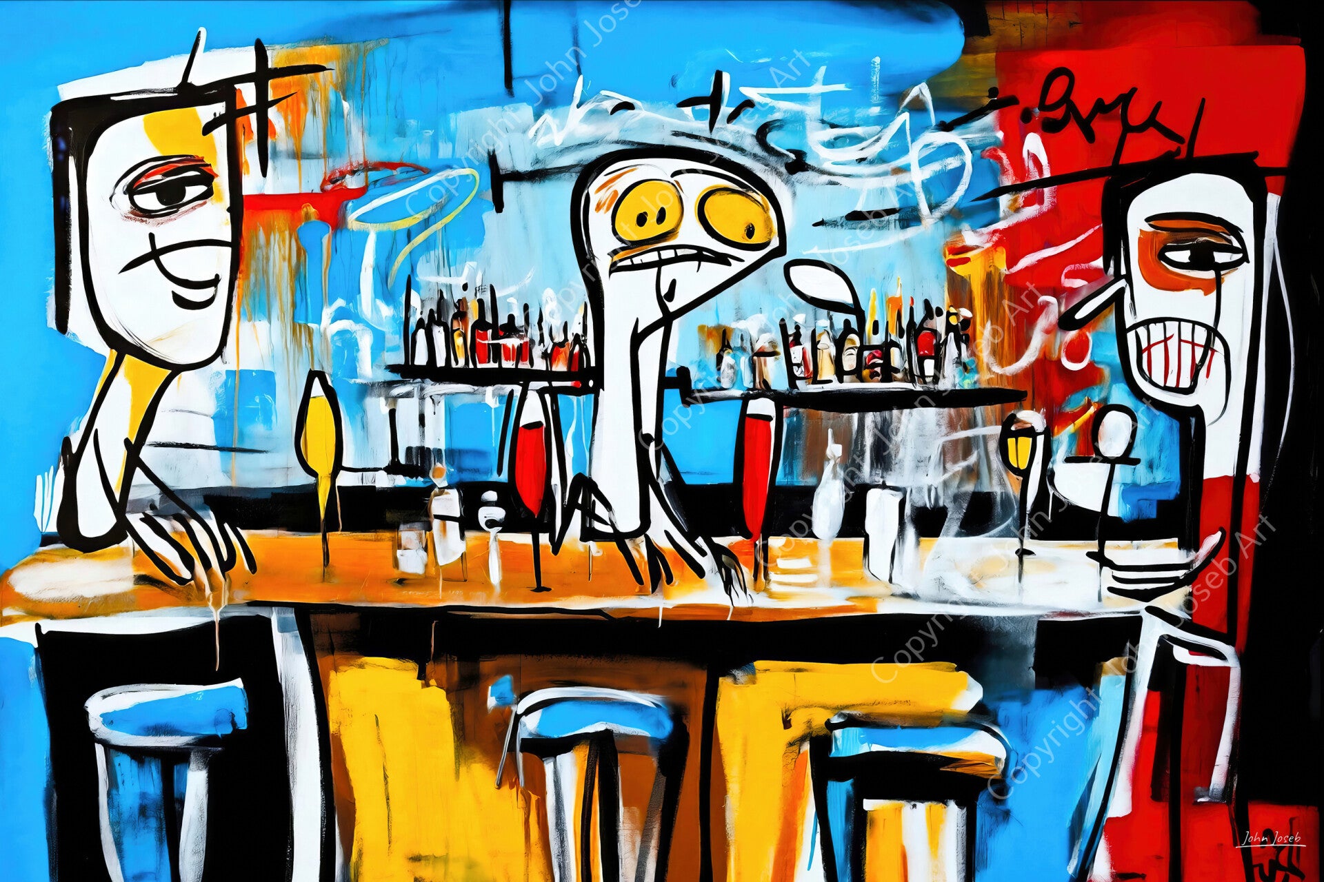 1267 - Schilderij Mensen aan de bar, abstract in Herman Brood stijl
