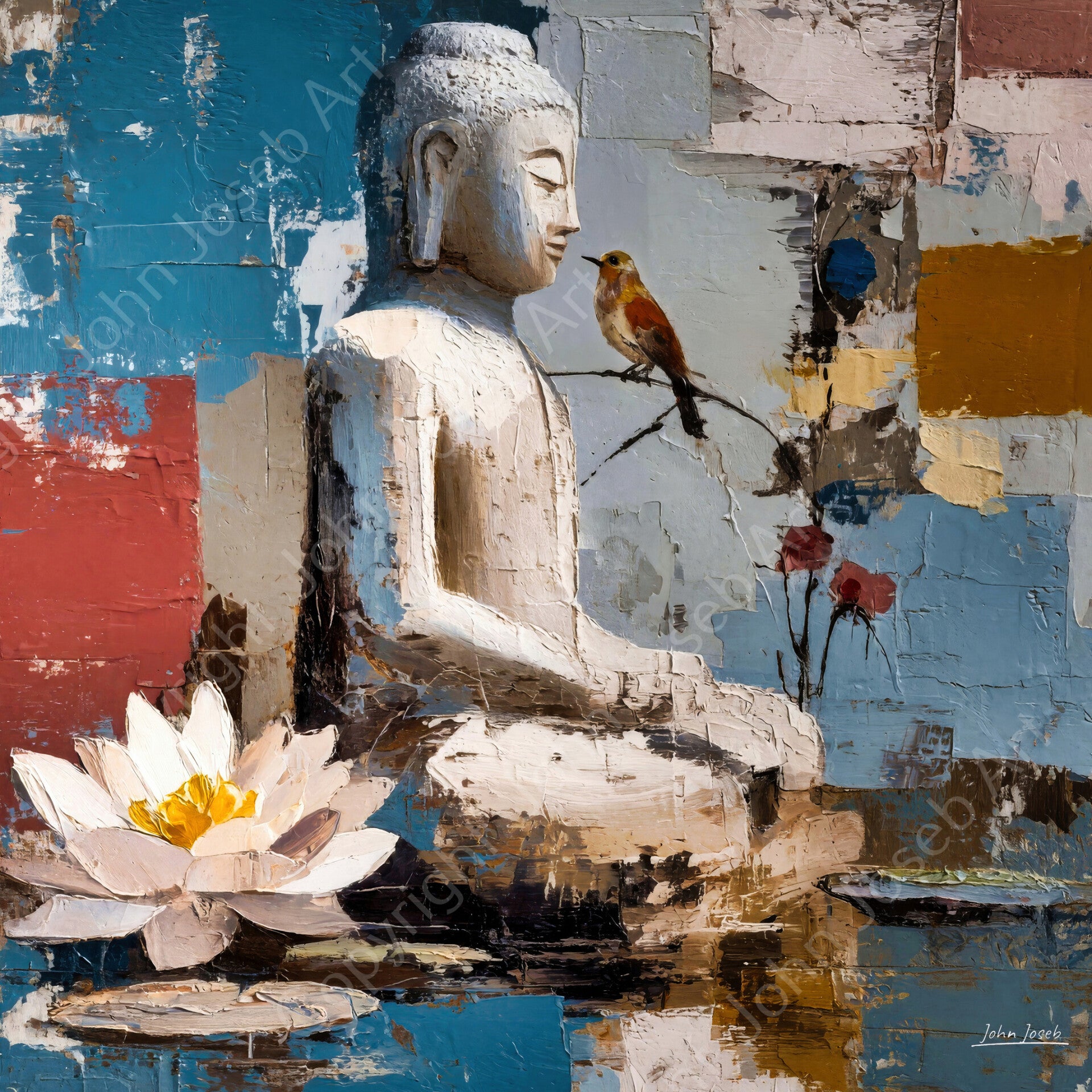1270 - Schilderij Buddha met lotus bloem en vogel, abstract, kunst