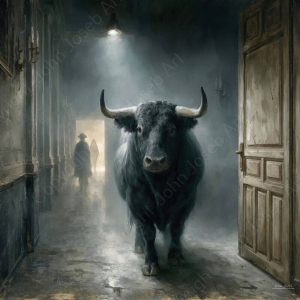 1274 - Schilderij Spaanse zwarte stier in gang, hal, abstract surrealisme