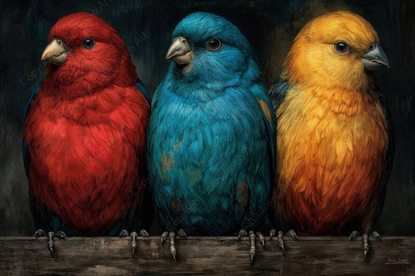 1276 - Schilderij vogels op een tak, kleurrijk, kunst, kanarie