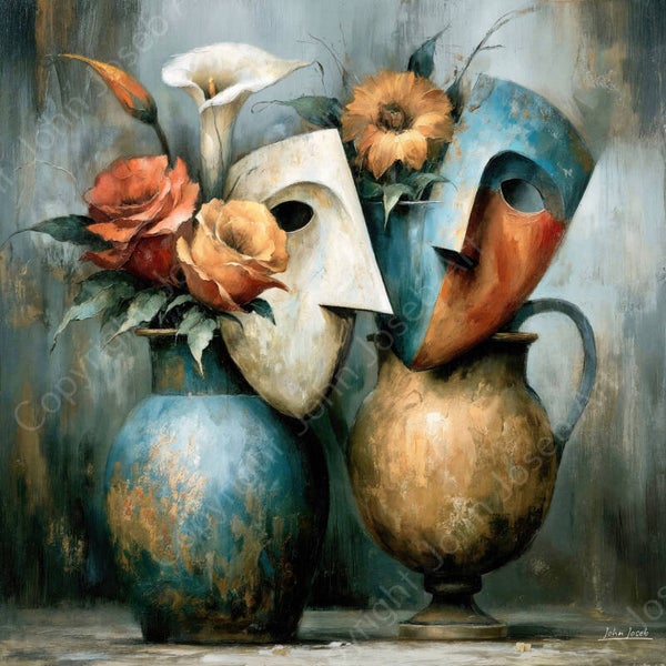1277 - Schilderij Stilleven vazen met bloemen en maskers, abstract