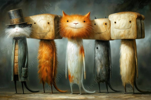 1278 - Schilderij poezen met brood hoofden, gek, grappig, surrealisme