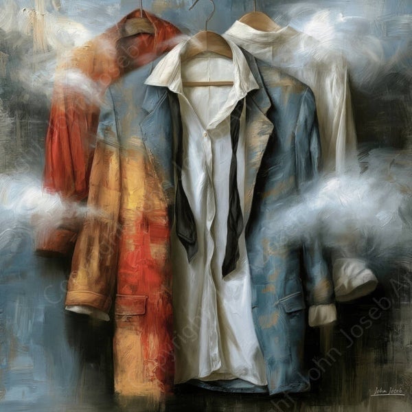 1281 - Schilderij kleding aan hanger, stilleven, abstract, surrealisme, kunst