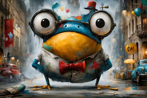 1282 - Schilderij grappige gekke kikker in de stad, humor, abstract, kunst