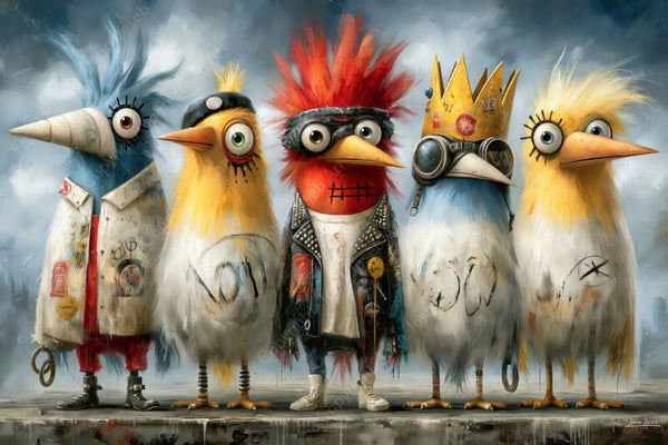 1283 - Schilderij Gekke vogels, grappig, humor, graffiti, kleurrijk, abstract