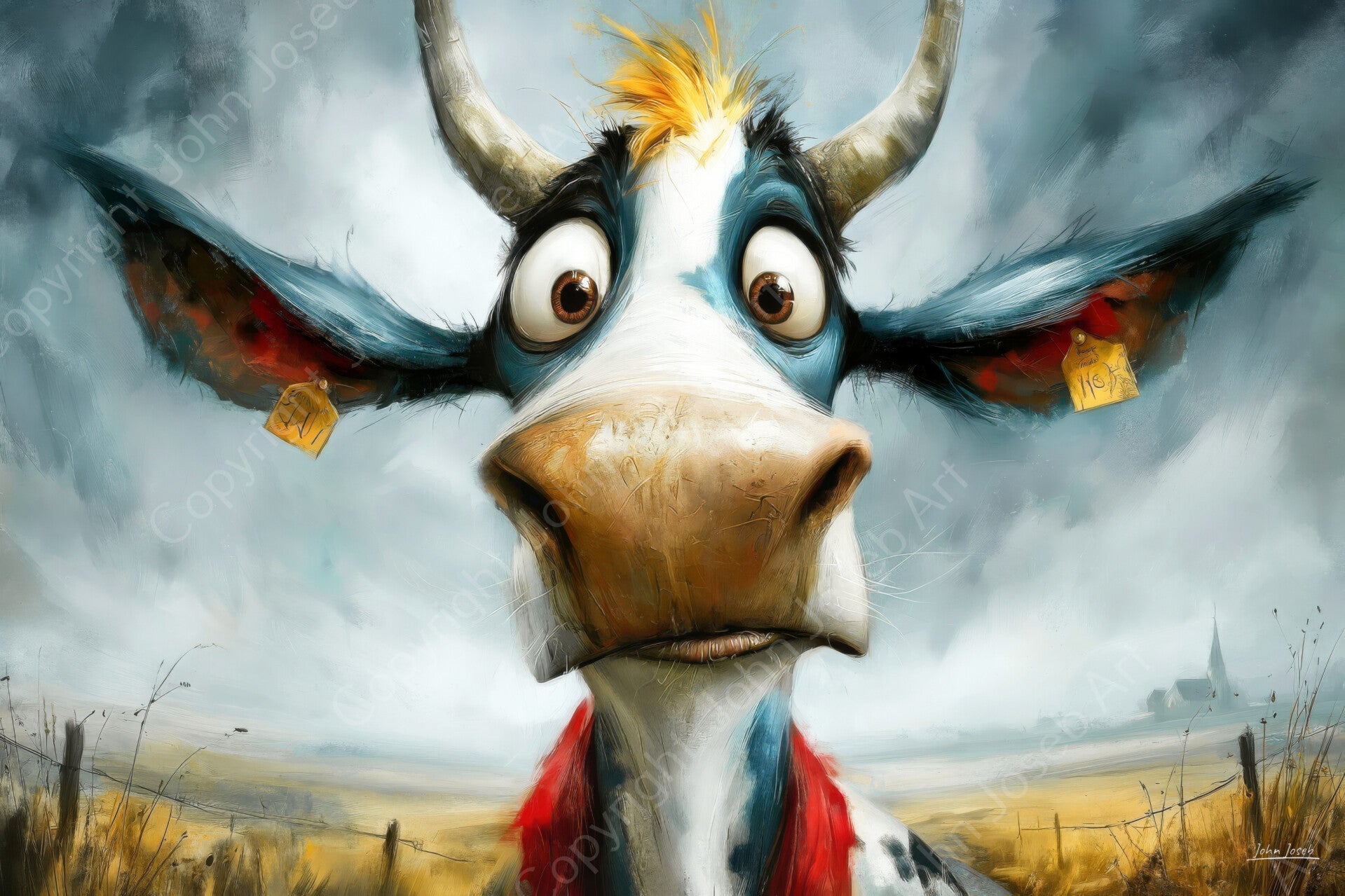 1284 - Schilderij gekke stier in weiland, grappig, humor, koe, landschap