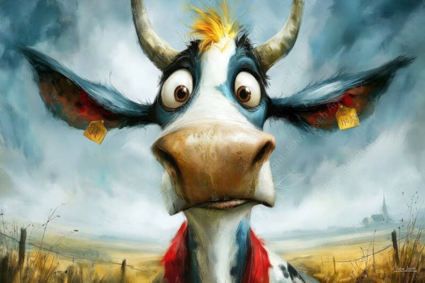 1284 - Schilderij gekke stier in weiland, grappig, humor, koe, landschap
