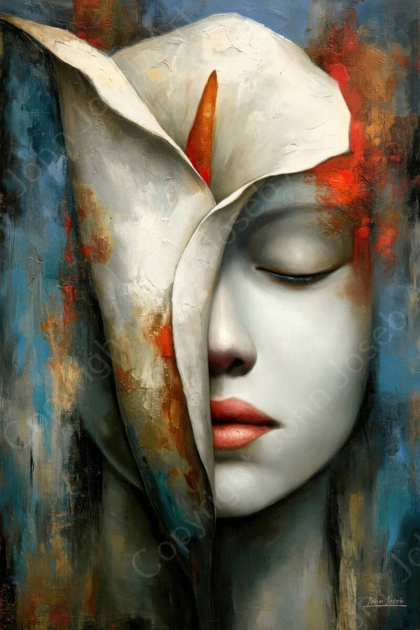 1285 - Schilderij vrouw portret in bloem, kelk, abstract, surrealisme