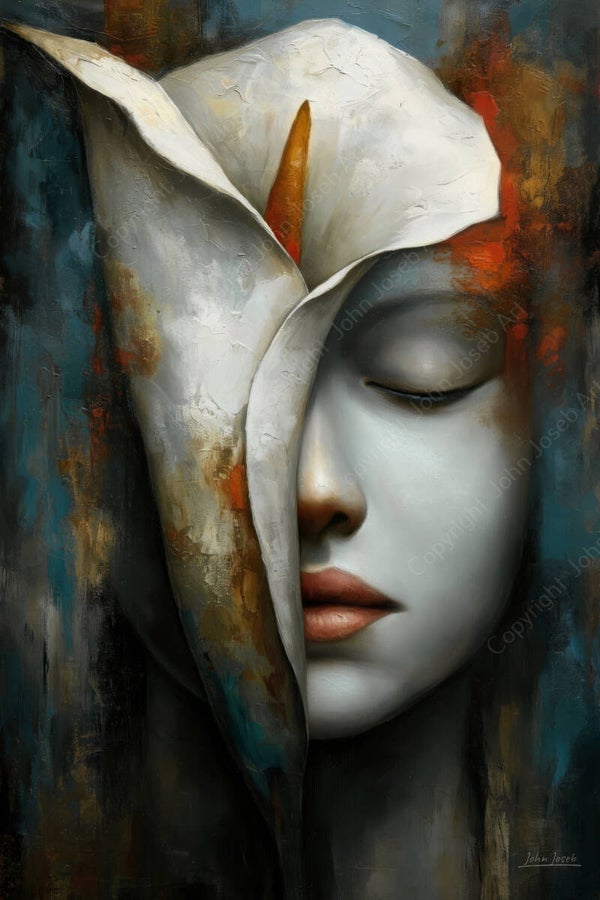 1285 - Schilderij vrouw portret in bloem, kelk, abstract, surrealisme