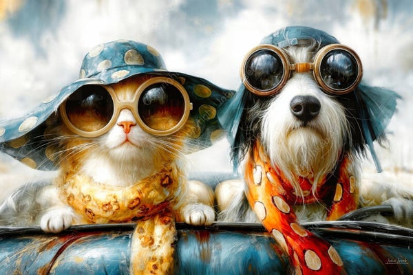 1286 - Schilderij grappige hond en poes in auto op reis, vakantie, kleurrijk, humor