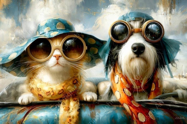 1286 - Schilderij grappige hond en poes in auto op reis, vakantie, kleurrijk, humor