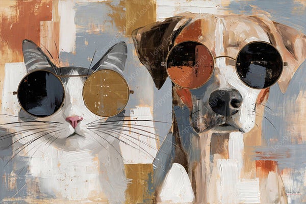 1286 - Schilderij grappige hond en poes met bril, humor, Japandi, bruin, kunst