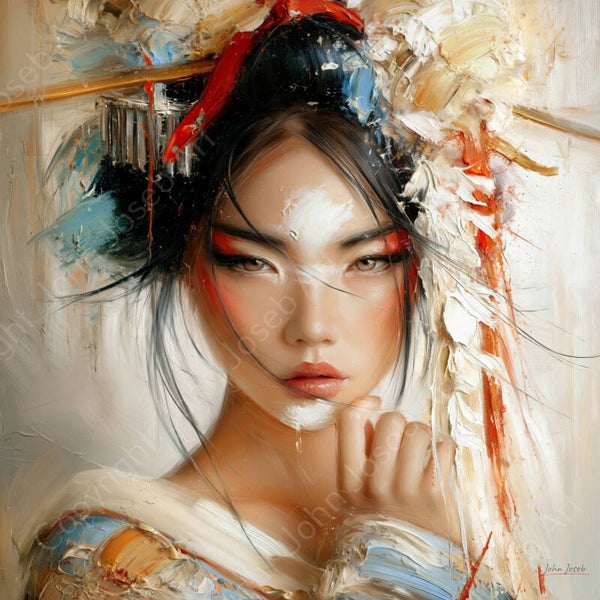 1287 - Schilderij vrouw, Geisha, abstract, Japan, Japandi stijl, kleurrijk, portret, kunst