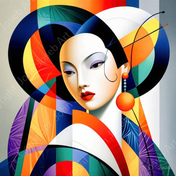 1287 - Schilderij vrouw, Geisha, abstract kubisme, Picasso stijl, Japan