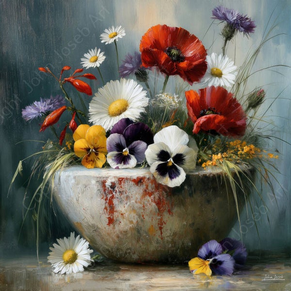 1288 - Schilderij stilleven schaal met wilde bloemen, kleurrijk, violen, klaprozen