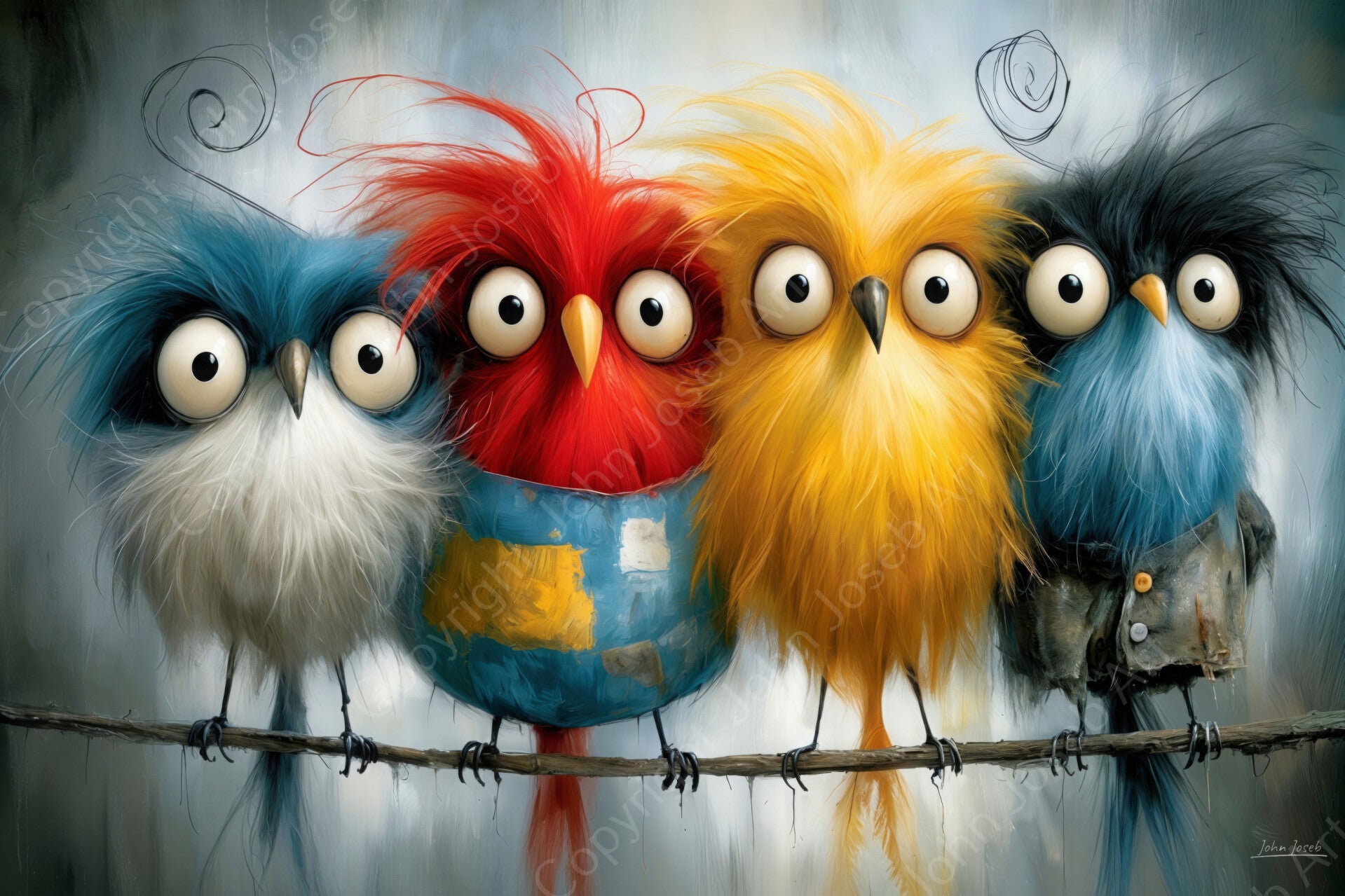 1288 - Schilderij grappige gekke vogels op een tak, kleurrijk, humor