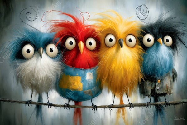 1288 - Schilderij grappige gekke vogels op een tak, kleurrijk, humor