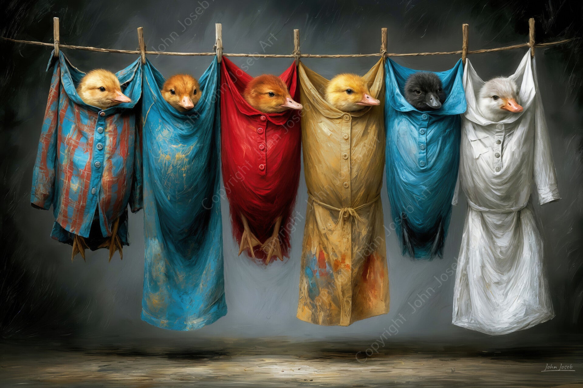 1289 - Schilderij grappige eenden kuikens hangen te drogen aan waslijn, humor