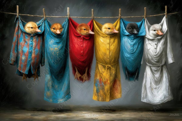 1289 - Schilderij grappige eenden kuikens hangen te drogen aan waslijn, humor