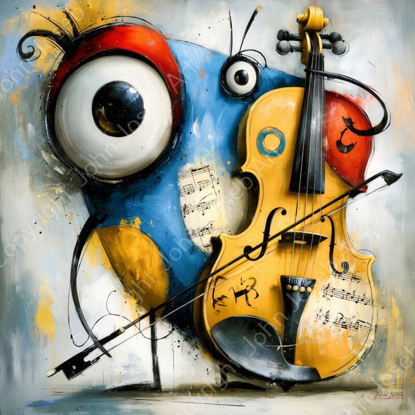 1290 - Schilderij gekke grappige viool, violist, kleurrijk, abstract, vierkant, muziek
