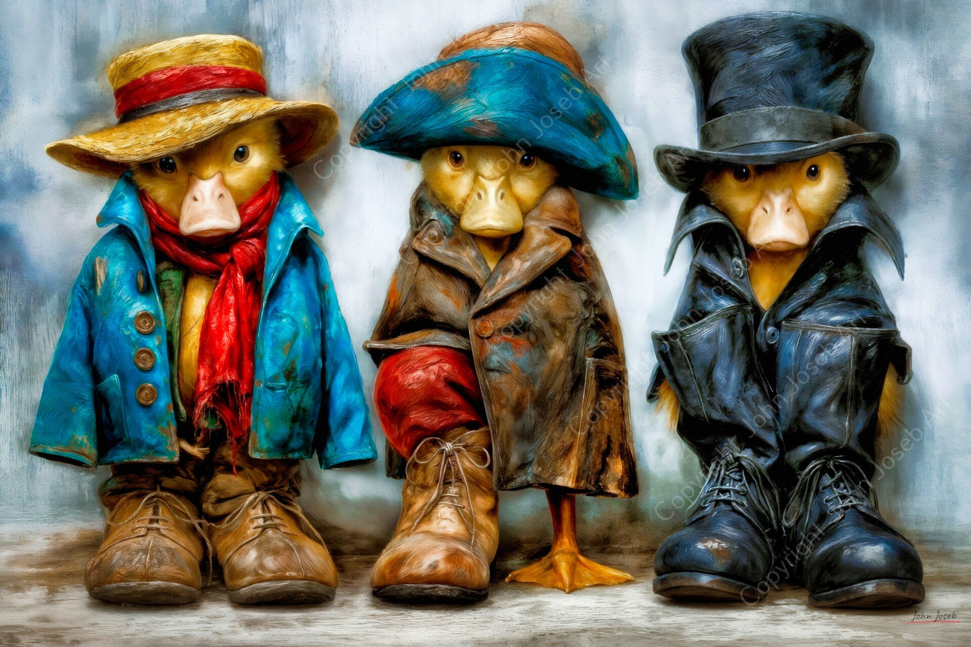1291 - Schilderij grappige eenden kuikens in te grote schoenen en kleding