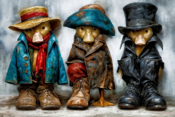 1291 - Schilderij grappige eenden kuikens in te grote schoenen en kleding