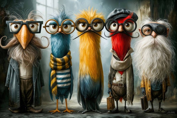 1292 - Schilderij gekke grappige poppetjes, vogels, mensen, grappig, humor