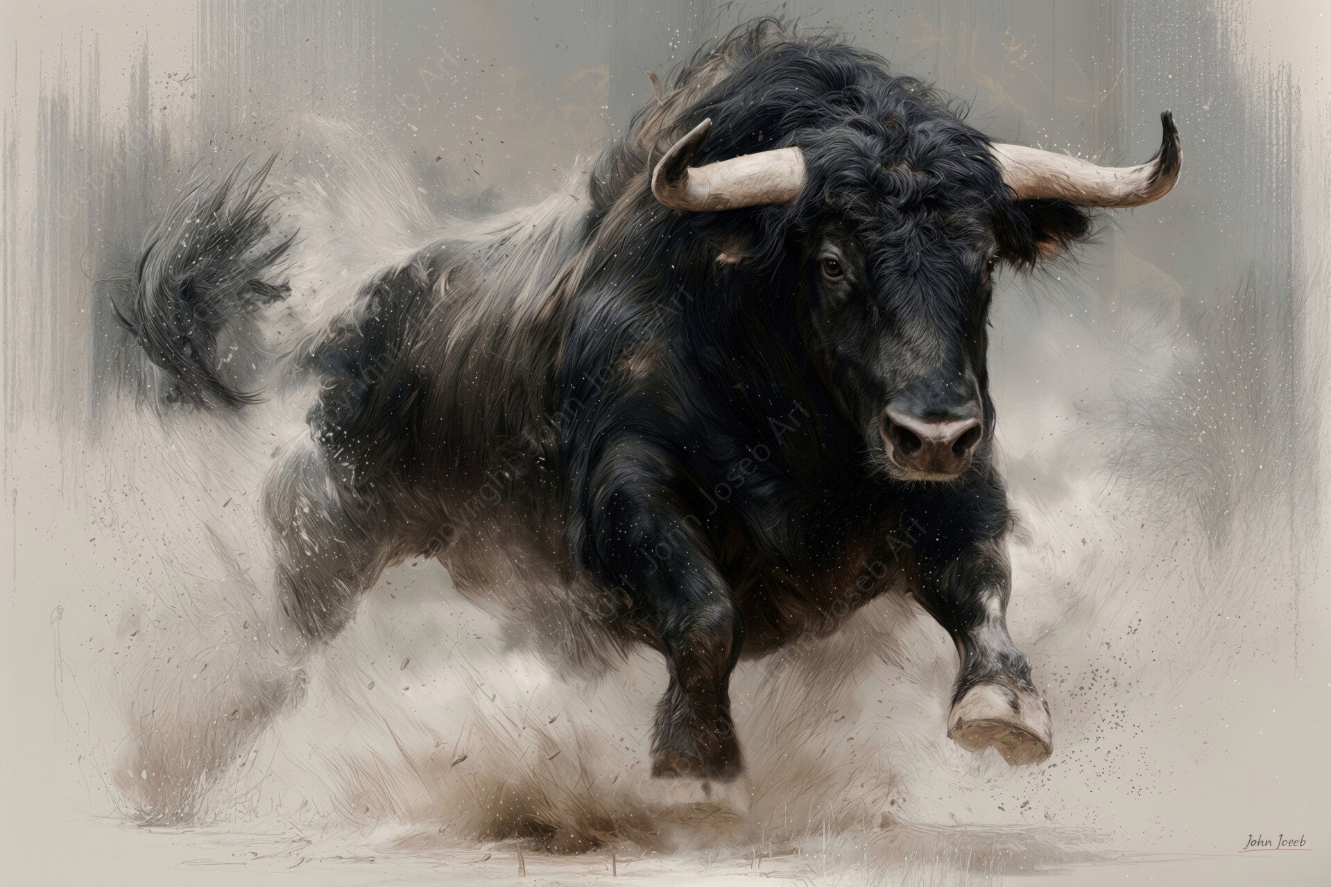 1293 - Schilderij Spaanse stier, koe, stof, zand, rook, in geschilderde stijl