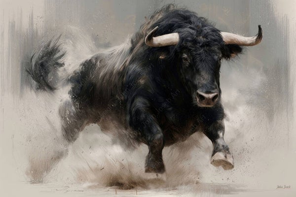 1293 - Schilderij Spaanse stier, koe, stof, zand, rook, in geschilderde stijl