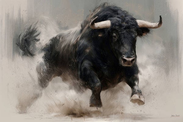 1293 - Schilderij Spaanse stier, koe, stof, zand, rook, in geschilderde stijl