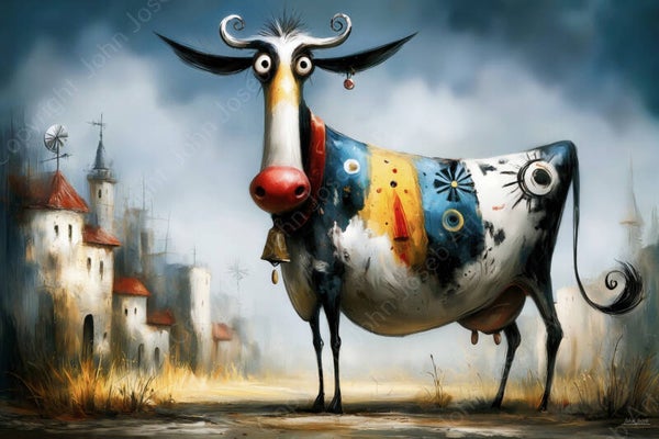 1294 - Schilderij gekke stier, grappig, humor, koe, landschap, Salvador Dali stijl