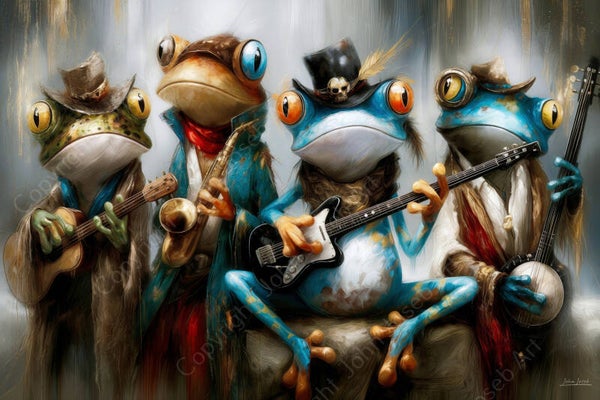 1297 - Schilderij grappige kikkers spelen muziekinstrumenten, humor, muziek