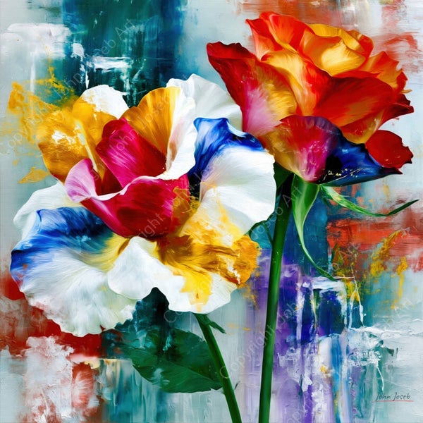 1298 - Schilderij bloemen, rozen, kleurrijk, abstract, kunst, vierkant
