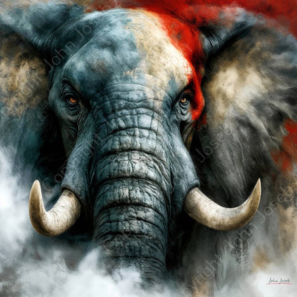 1300 - Schilderij olifant hoofd, close up, abstract, kleurrijk, kunst, vierkant, dier