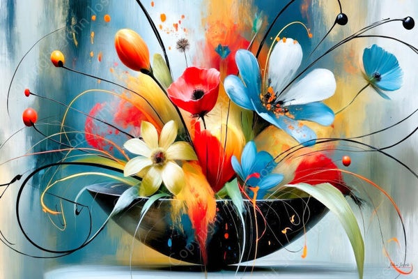 1302 - Schilderij wilde bloemen in een schaal, stilleven, abstract, kleurrijk