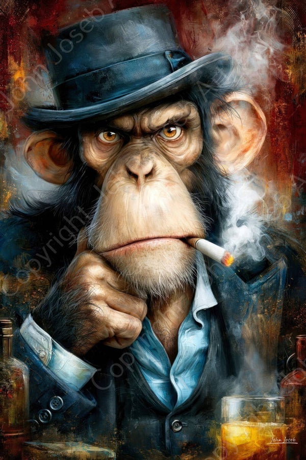 1303 - Schilderij boze aap in pak aan de bar, kostuum, hoed, sigaret, drank