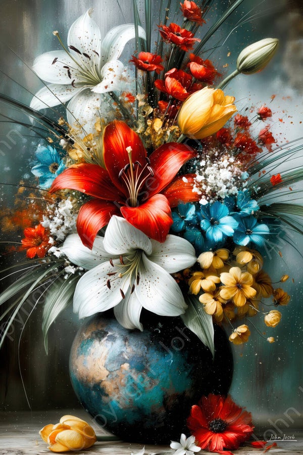 1304 - Schilderij wilde bloemen in een vaas, stilleven, abstract, kleurrijk